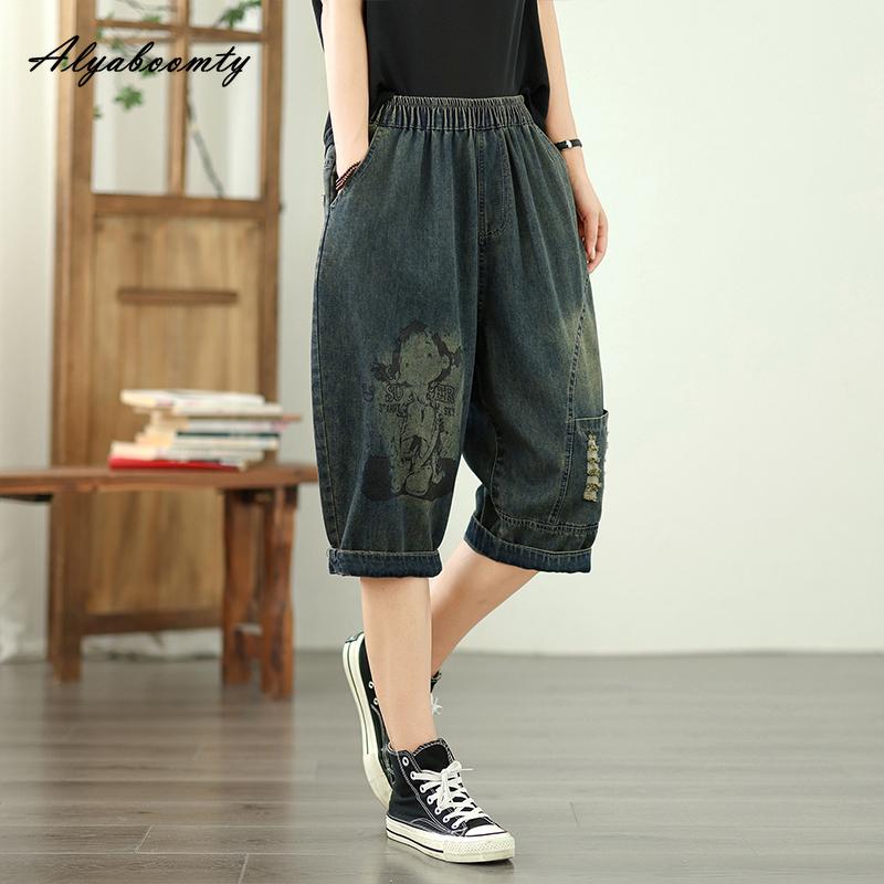Korean Fashion Summer Women Ripped Denim Pants High Waist Character Print Casual Loose Short Jeans Basic Ladies' Capris With Pockets