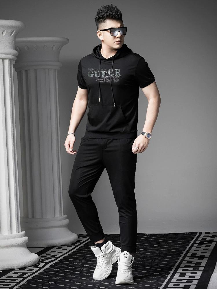 European Style 2025 Summer New Hooded Short-Sleeve T-Shirt for Men, Trendy Brand with Gold Print, Slim Fit Casual Half-Sleeve Sweatshirt