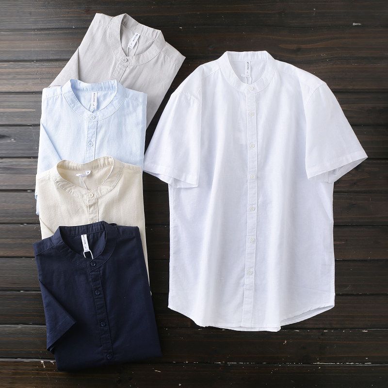 Cotton and Linen Washing Process! Export Tail Goods Summer Men Small Stand Collar Pure Color Linen Breathable Short Sleeve Shirt Top