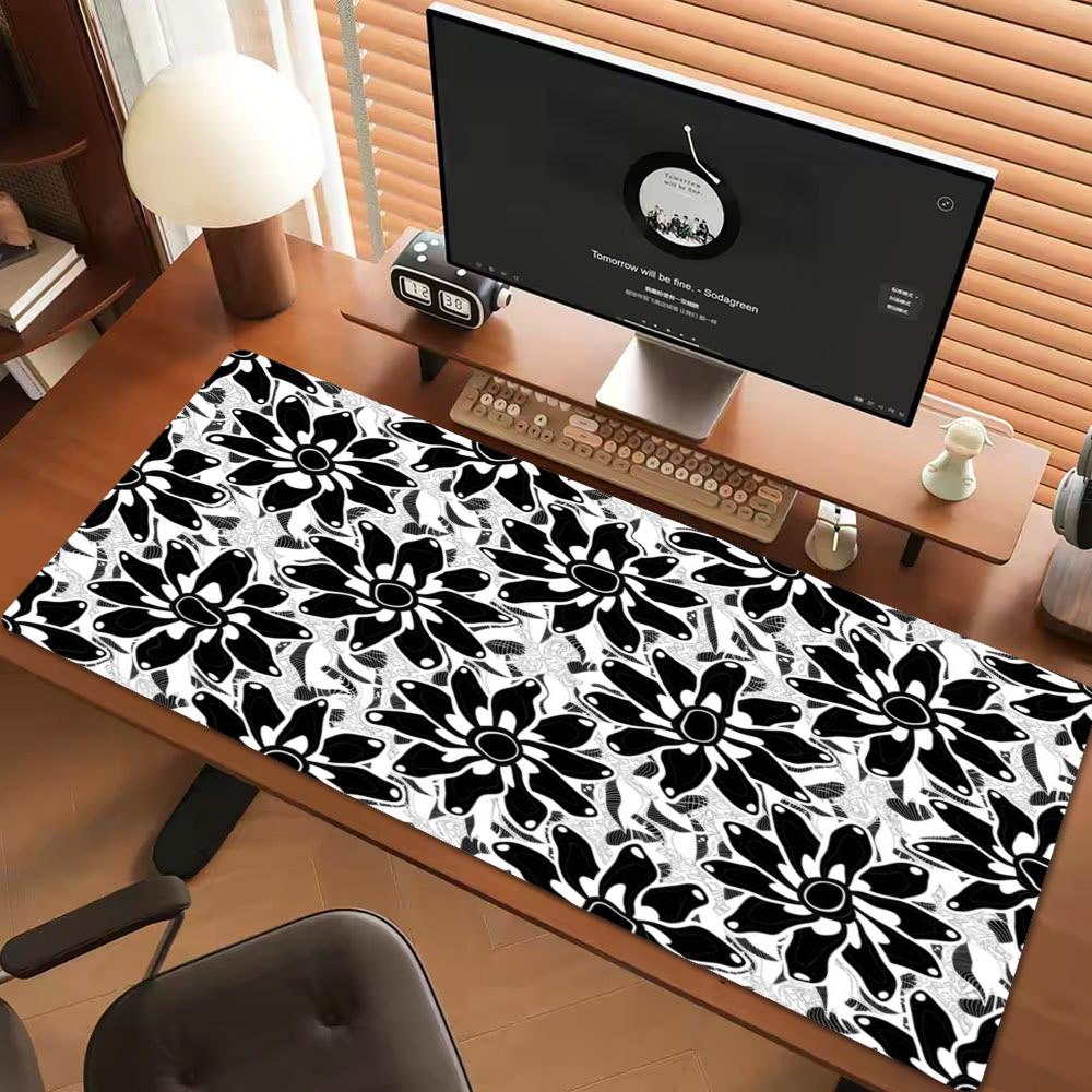 XXL Gaming Mousepad Black White Floral Pattern Desk Pad Rubber Anti-slip Overlock Keyboard Mat Daisy Flower Computer Mouse Mats