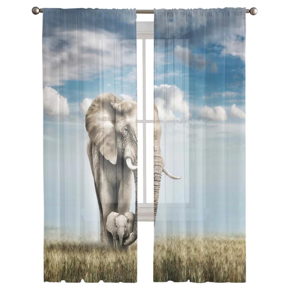 Tier-Elefant-Grasland-Tüllvorhänge für Wohnzimmer, Schlafzimmer, moderne, durchsichtige Chiffon-Küchenvorhänge