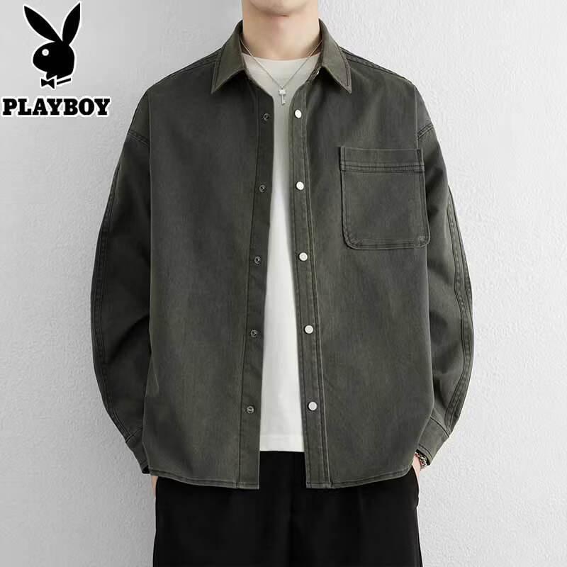 PLAYBOY Men's Washed Casual Long Sleeve Shirt