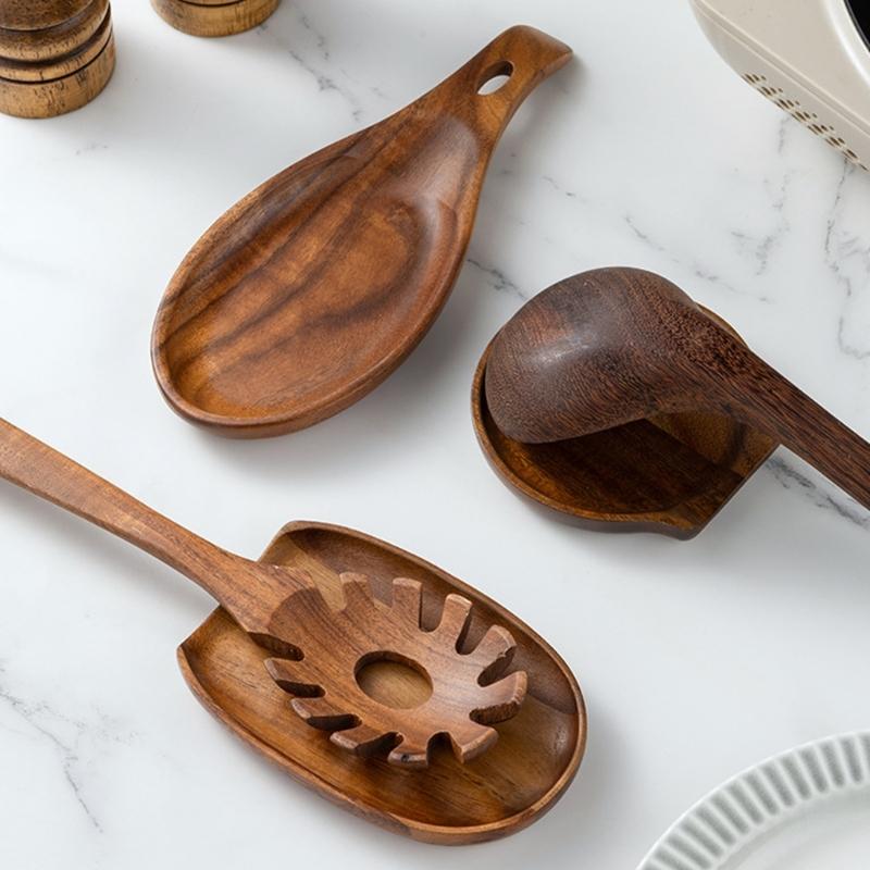 Wood Look Spoon Rest for Home Cooking with Calm Brown Style, Daily Meal Service and Simple Wipe After Serving Care