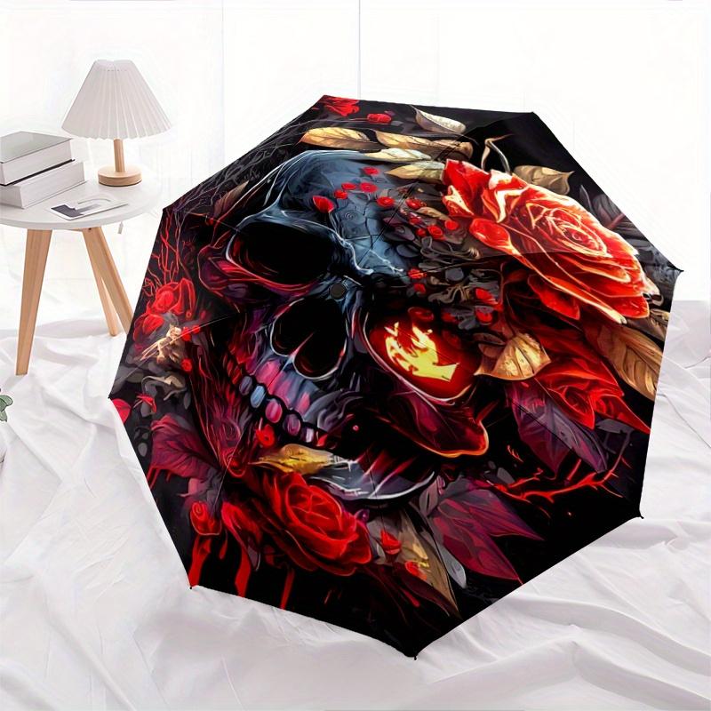 

1pc Floral Skull Pattern Umbrella, Fashionable, Personalized, High-Value Folding Umbrella, a Must-Have for Summer, 8-Rib Durable Iron Frame, Tri-
