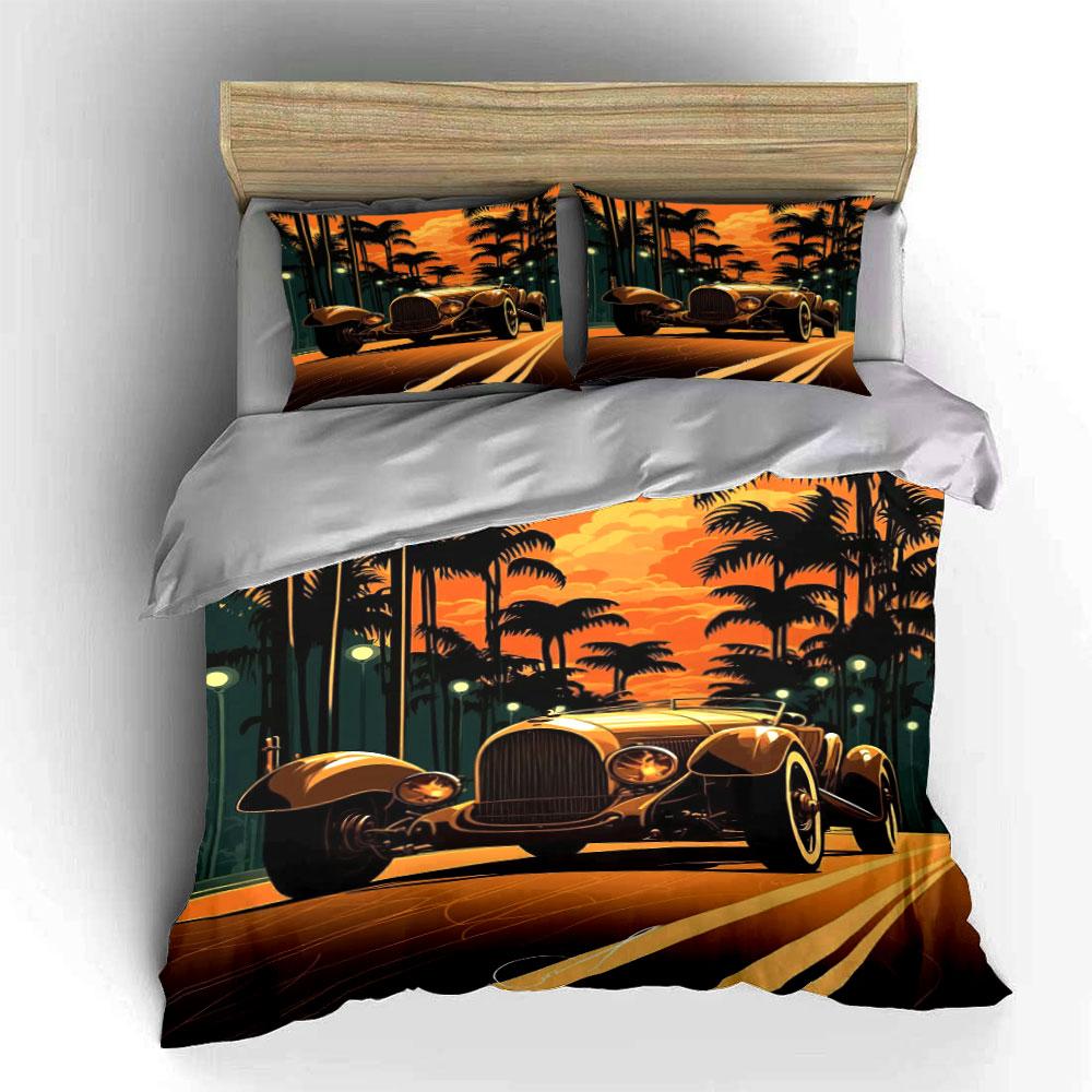 Vintage car, palm trees. Bedding sets Duvet cover sets Duvet covers Pillowcases(1 * Duvet Cover 2 * Pillowcases without duvet insert)