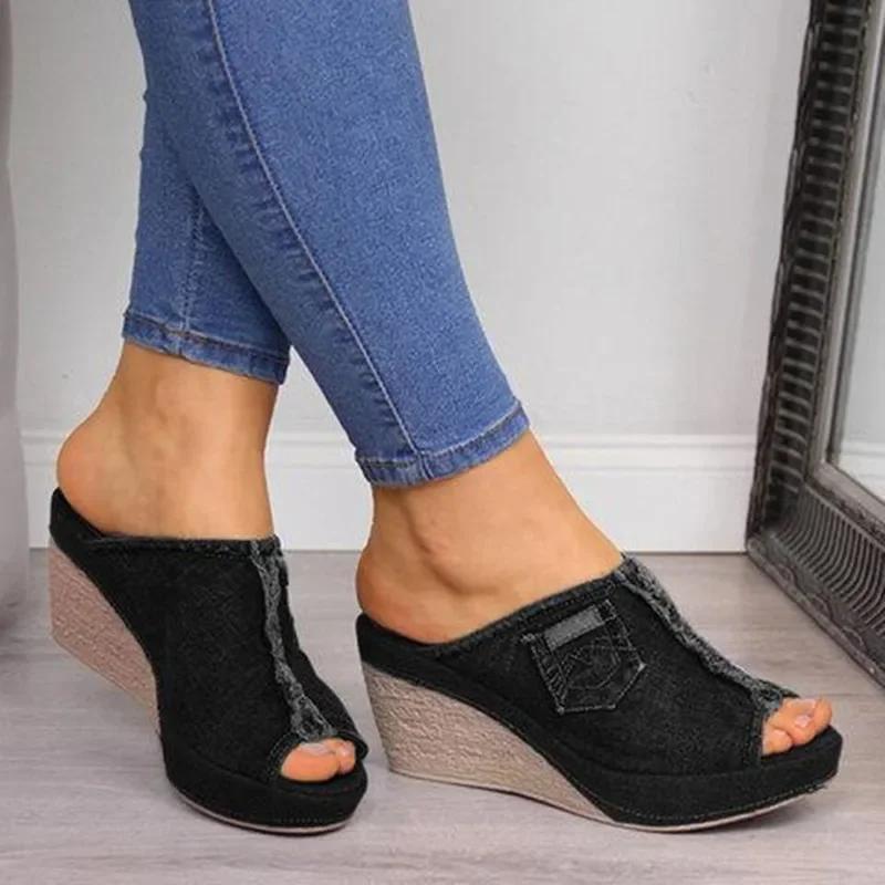

Women Shoes Summer New Cowboy Slippers Fashion Retro Wedge Platform Beach Shoes Female Peep High Heels Sandalias Mules 2026 36 чорний