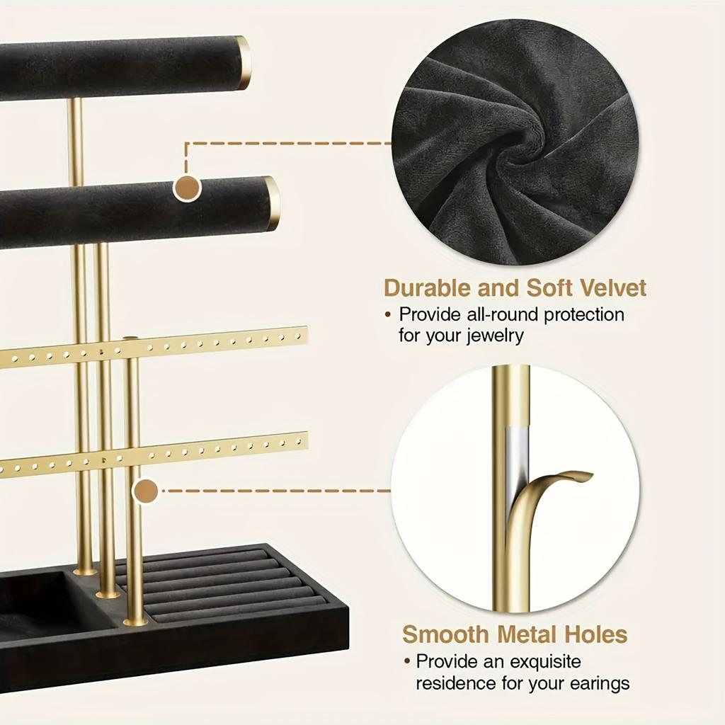 1Pc Of Light Luxury Style Jewelry Storage Rack. Black And Gold Color Scheme, White And Gold Color Scheme. Multi-Layer Design. For Organized Displa