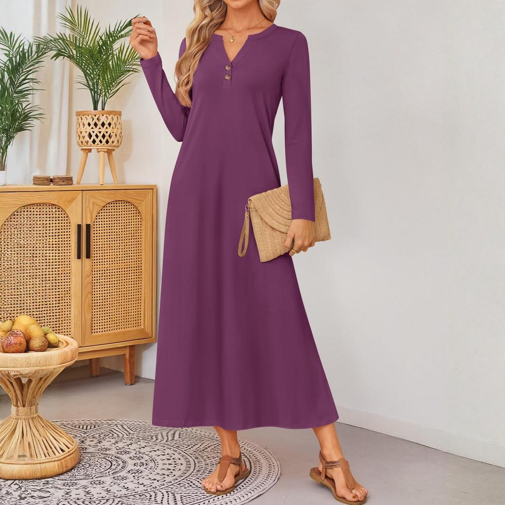 Women Solid-color Long-sleeved Comfortable Loose Dress, Elegant Dress