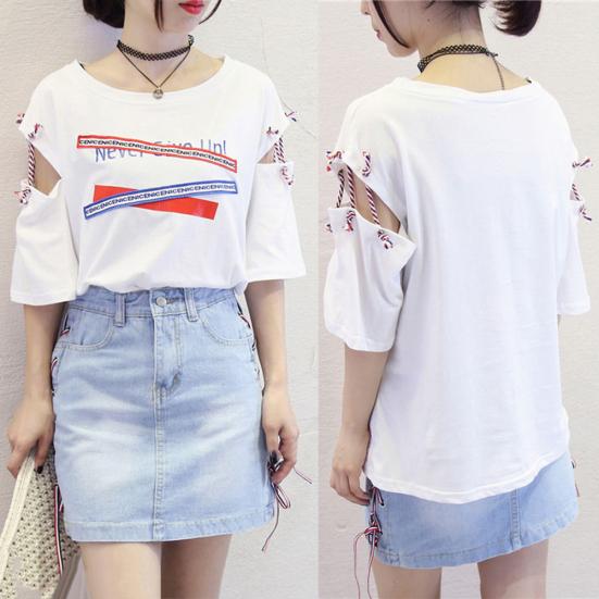 Vintage Women Letter Hollow Half Sleeve Round Neck Loose Tee Top T-shirt Bluzka