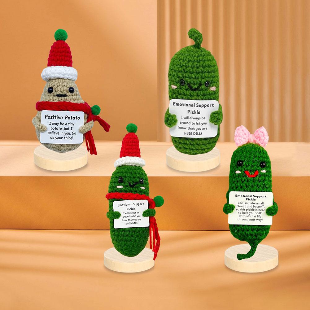 Cute Crochet Christmas Pickle Doll with Positive Message Card Emotional Support Plush Gift for All Ages