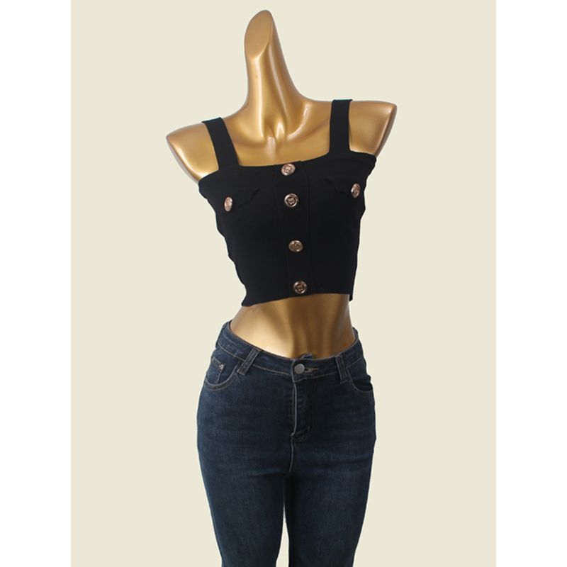 Bajia Metal Buckle Black Camisole Women's Summer Short Inner Wear Silm Sexy Knitting Tops