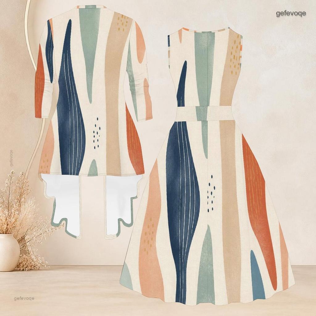 Women Plus Size Two Piece Set Sleeveless Round Neck Tie Waist Flared Dress 3 4 Sleeve Open Cardigan Green Geometric Printed
