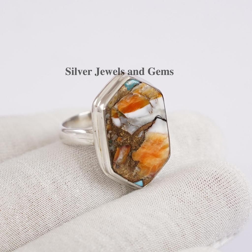 Oyster Copper Turquoise Ring: Sterling Silver Hexagon Ring, Orange Gemstone