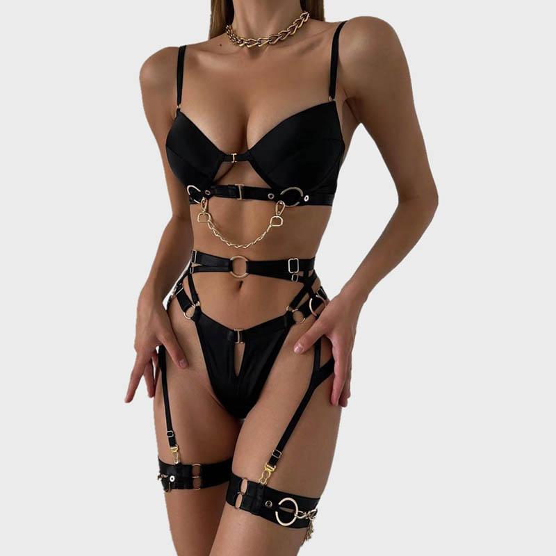 CINOON Sexy spodní prádlo pro ženy Spodní prádlo Erotický podvazkový pásek 3dílný intimní push-up podprsenka Luxusní řetízkový popruh Exotické sady kalhotek