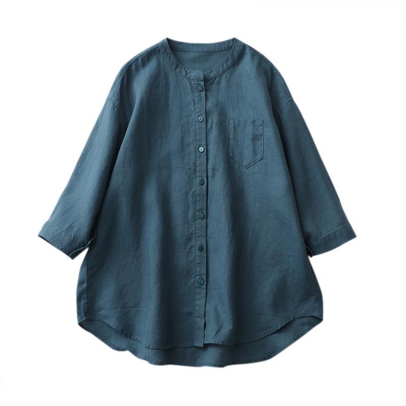 Linen Seven-Sleeve Collar Shirt Women's  Spring and Summer  Korean Style Fashion Simple Loose Elegant Casual Open Lining