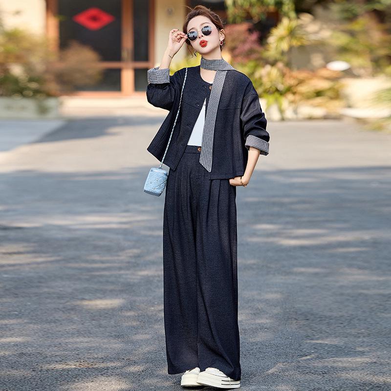 Spring 2025 Women's Fashion: Patchwork Jacket & Trousers Two-Piece Set with Tie