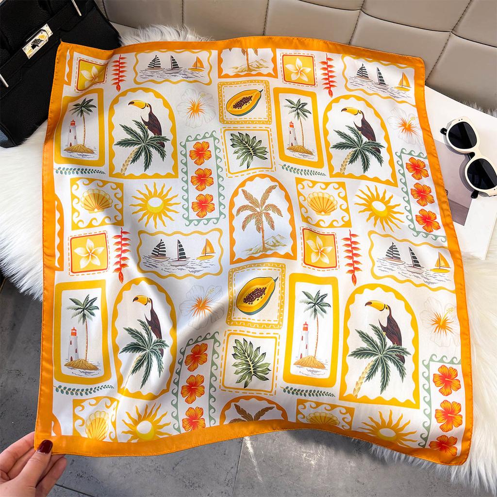 Popular tropical island element printed silk scarf women's retro vacation style spring and summer vitality wear age-reducing scarf
