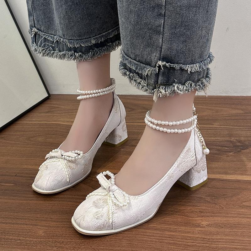 High heels women's new 2024 new Chinese bow pearl chain square head light mouth thick heel versatile Mary Jane shoes