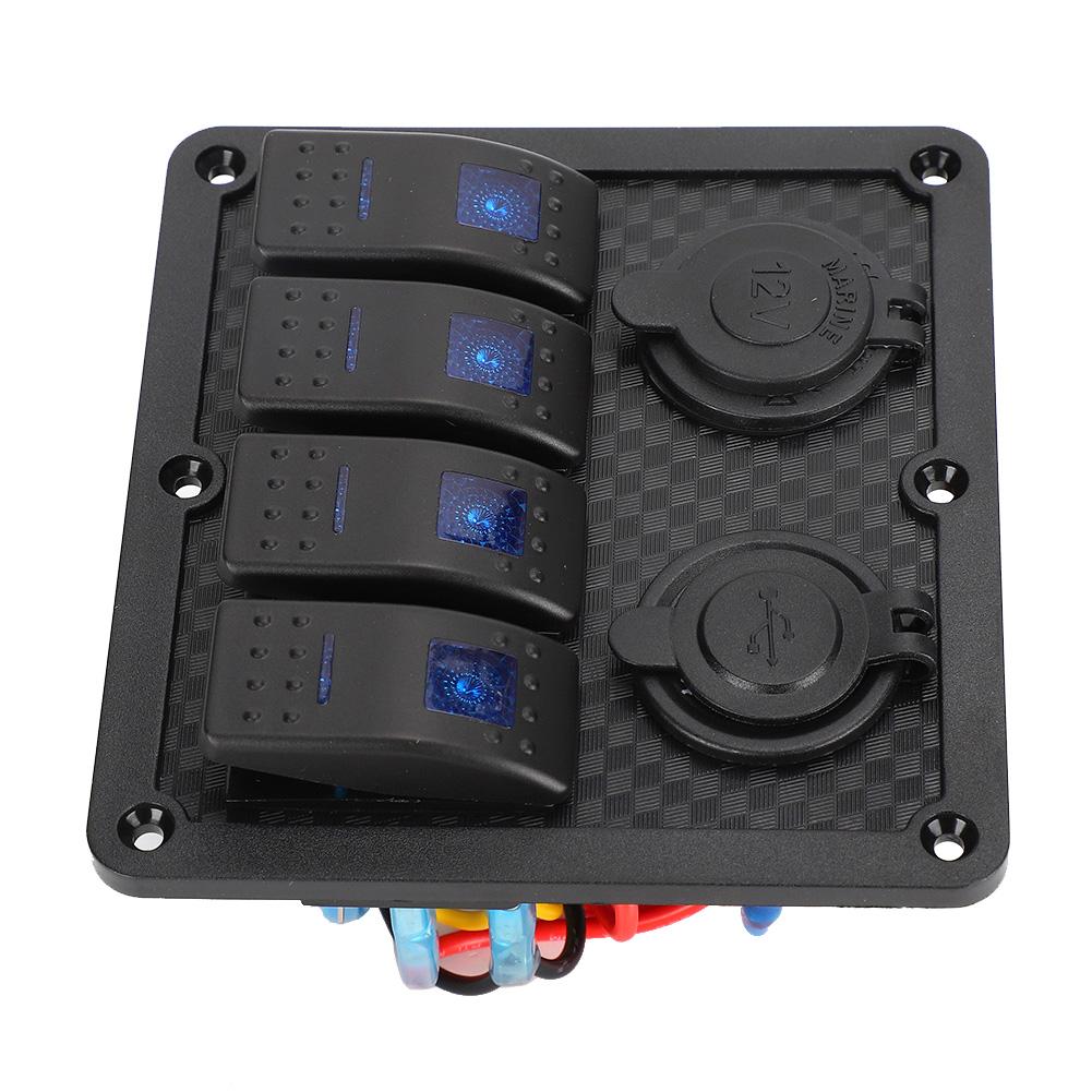 12V 24V 4 Gang Rocker Switch Panel IP65 Waterproof with Lighter Socket 2 USB for Car Boat
