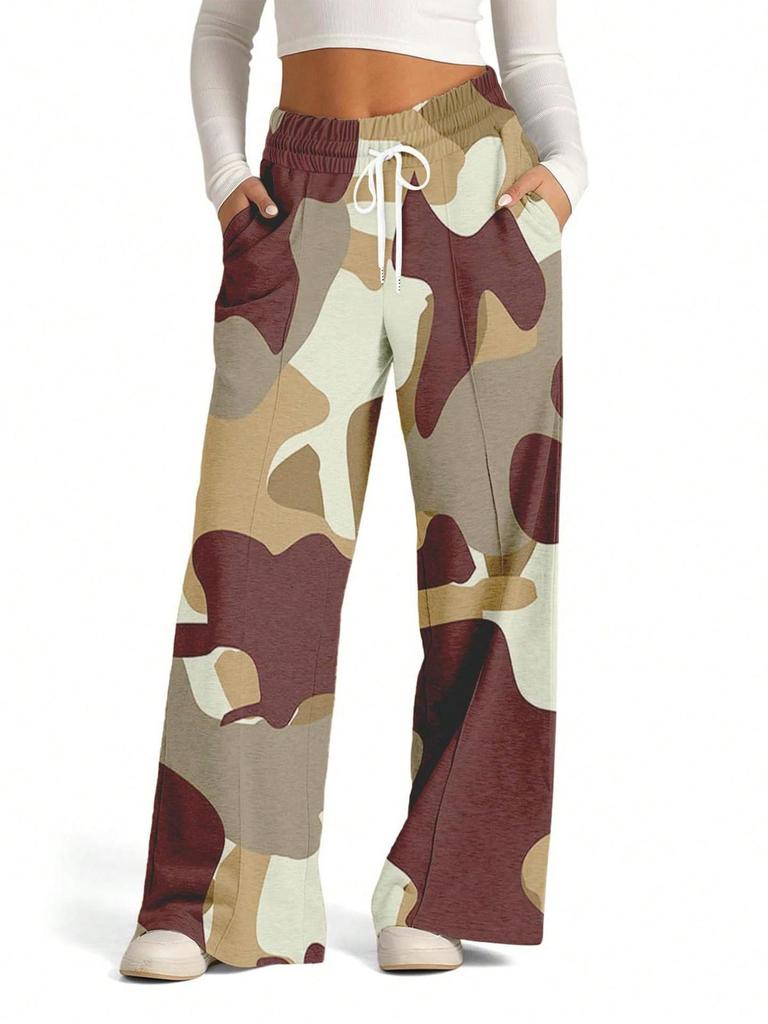 Damen Europäische & Amerikanische Camouflage Weitbeinige, Gerade Sportliche Freizeit-Hose