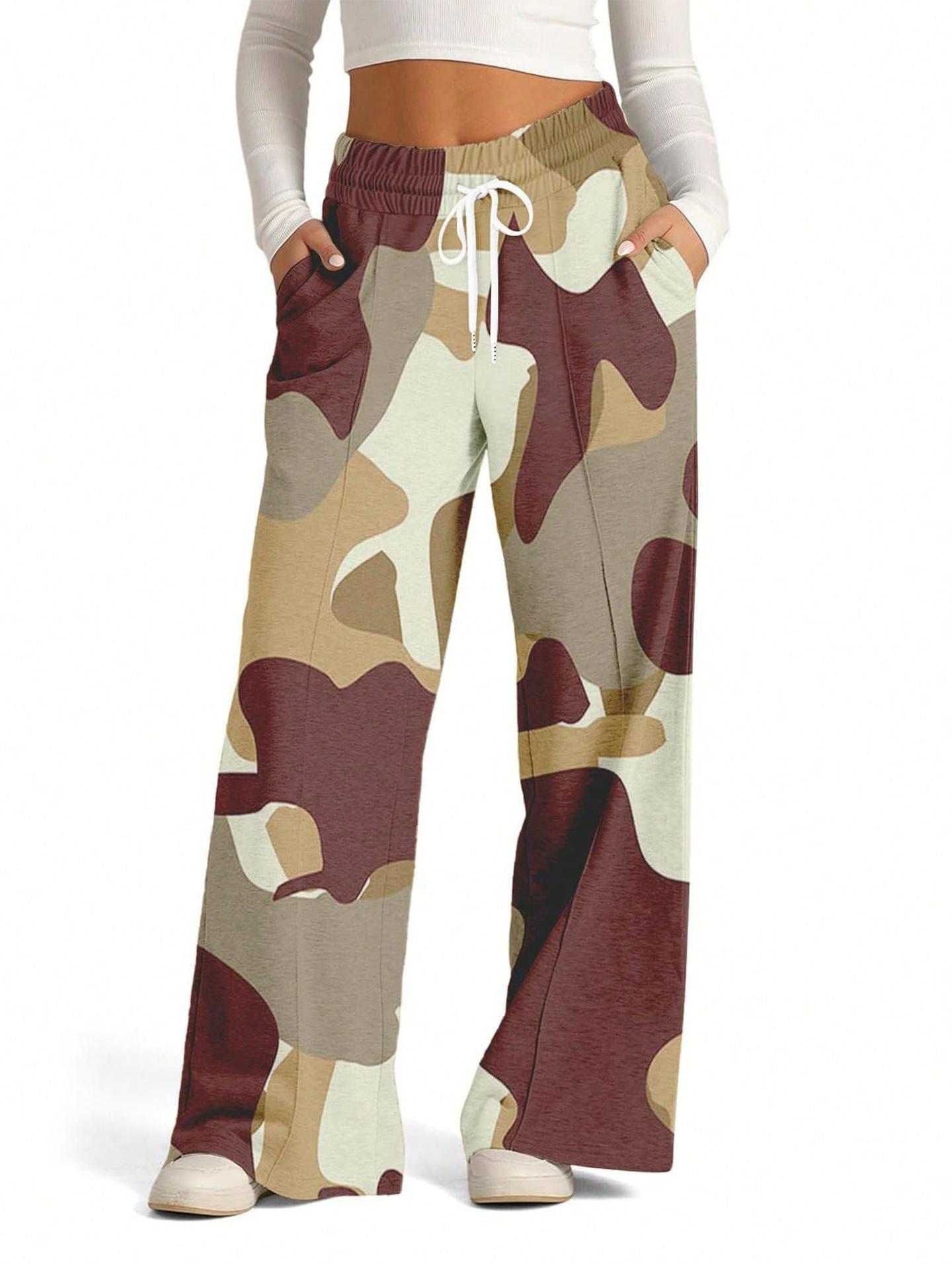 

Women s European & American Camouflage Wide-Leg, Straight Sports Casual Pants M коричневый/камуфляжный