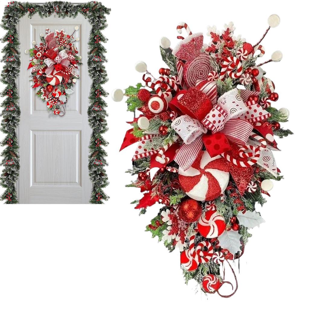2025 Christmas Door Wreath Red And Candy Cane Teardrop Ornaments With Balls For Home Outdoor Decoration Christmas Flower