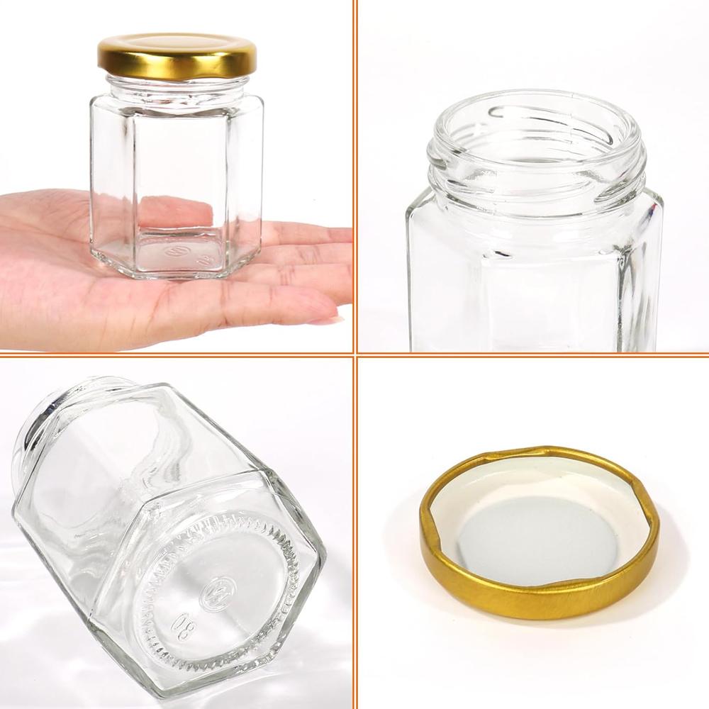 3oz Mini Honey Jars Hexagon Glass Jars with Wood Dippers Gold Lids Bee Pendants Jutes Stickers for Wedding Favors Party Favor