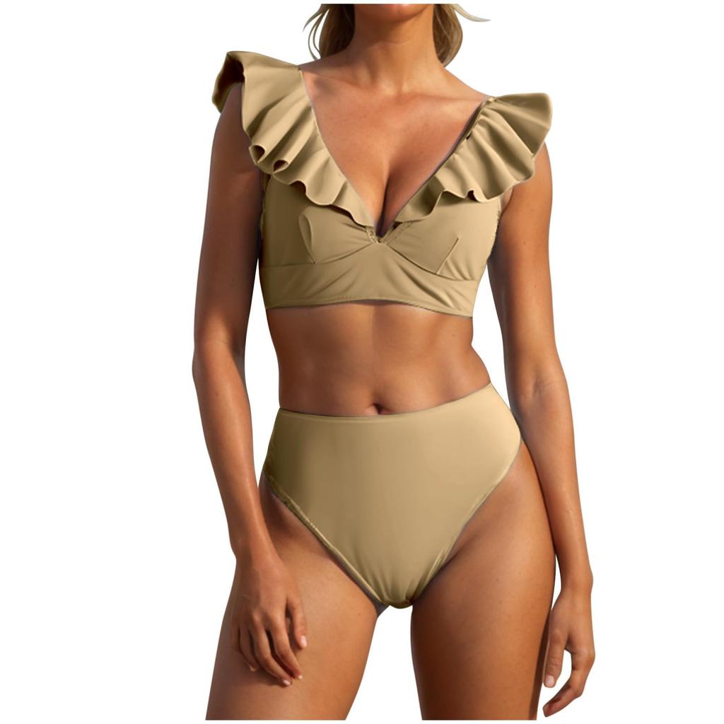 Women's Ruffled V-Neck Bikini Set High Waist Two-Piece Swimsuit with Shoulder Straps, , Sizes S-XL