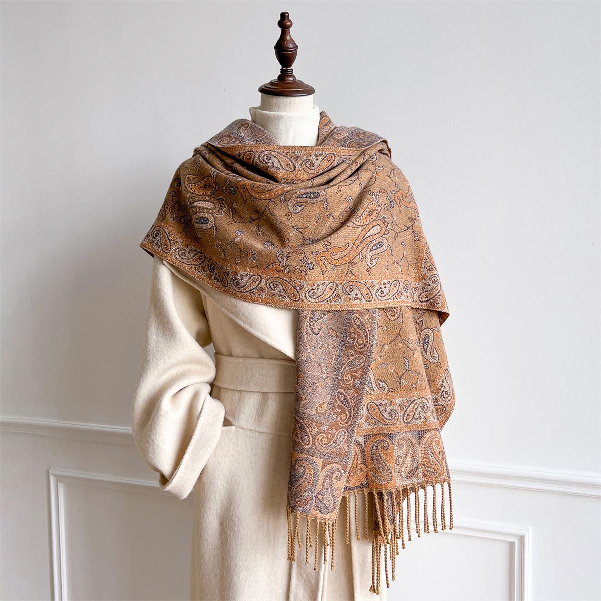

[T823] Winter Warm Thick Ethnic Style Jacquard Scarf Outdoor Women Travel Cashmere Tassel Shawl Neck Wrap Pashmina Retro Floral 65x180cm