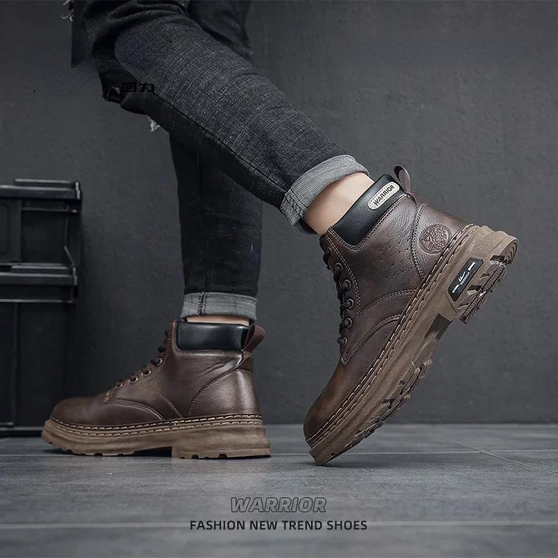 Чоловічі черевики з натуральної шкіри Мотоциклетні черевики Трендові черевики до щиколотки Ретро Британські Чоловічі черевики з високим верхом 2024 Нове Взуття для вулиці