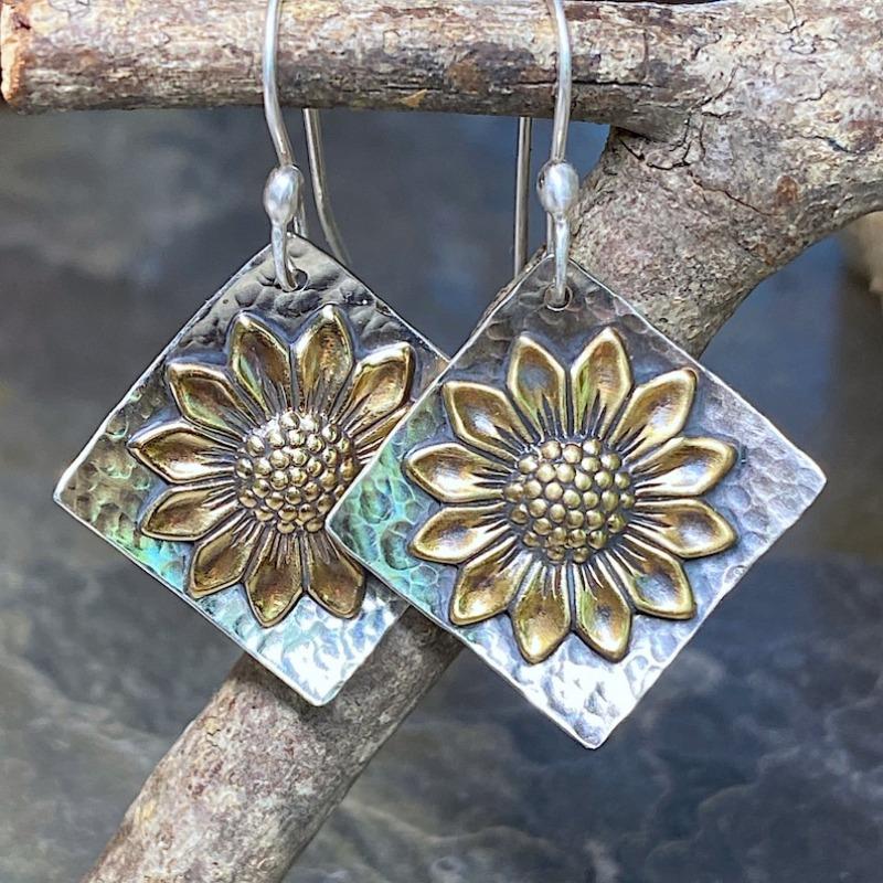 Boucles d'oreilles pendantes couleur cuivre vintage, carrées sculptées, tournesol, pour fête, usage quotidien