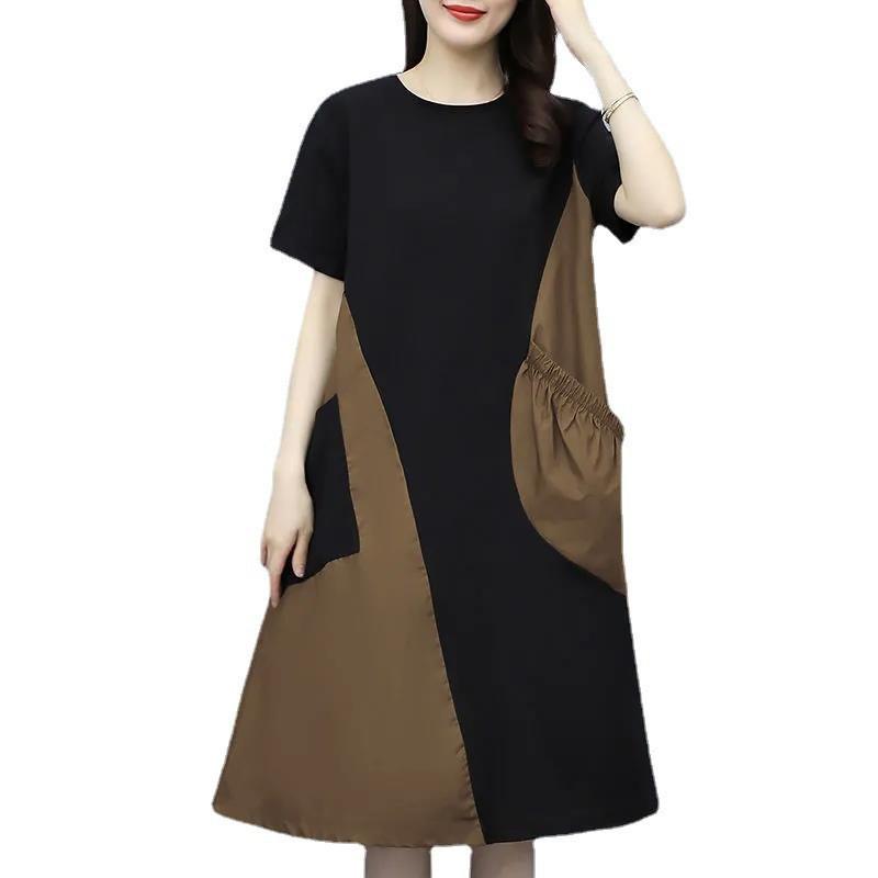 Summer Color-Block Short-Sleeve Dress, Korean Style, Plus Size, Loose Fit, Slimming with Pockets