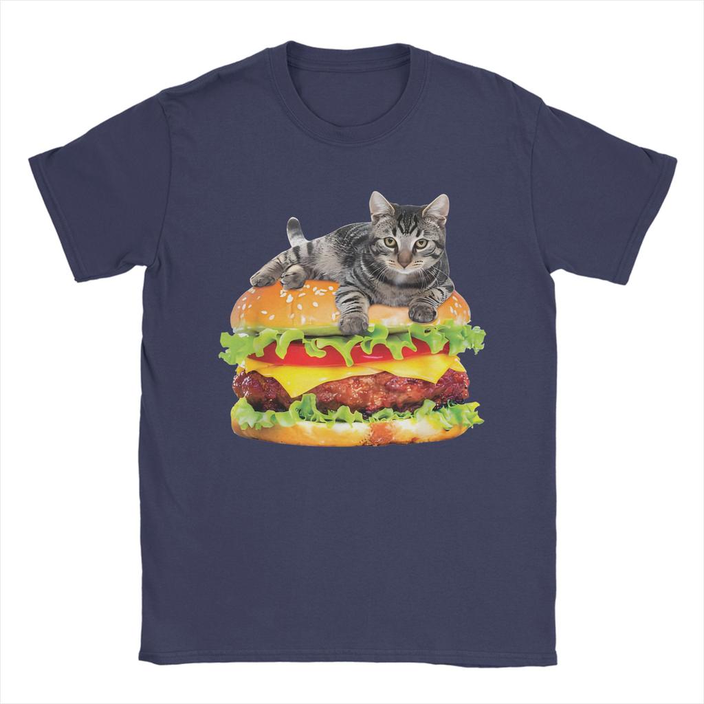 Men Hamburger Space Cat Funny Kitty T-Shirts  Pure Cotton Top Tees Beach Street Style T-Shirt O-Neck Trending Tee Shirt Big Size