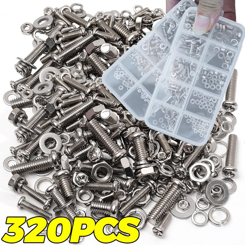 M2/M3/M4/M5 Cross Slotted Flat Head Hexagon Bolt Nut Set Hexagonal Screw Bolt And Nut Flat Washer Spring Washer Combination Kit