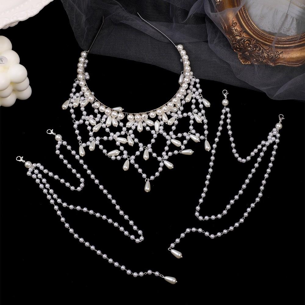 Handmade Bride Fashionable Headband Mesh Hair Jewelry Tassel Pendant Forehead Chain Baroque Elegant Pearls Chain Headbands
