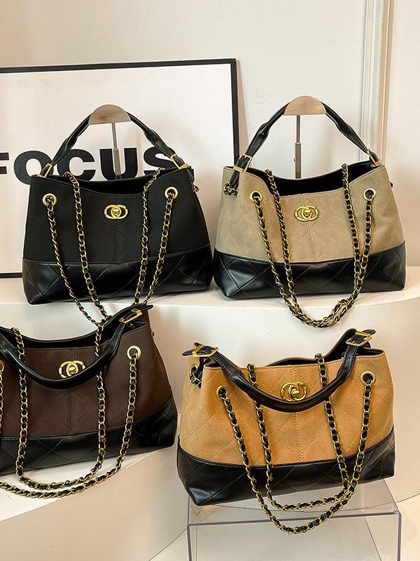 Damen Retro Farbblock Tragetasche mit Kette - Vielseitiger Schulter- & Umhängetaschen-Stil für den täglichen Gebrauch