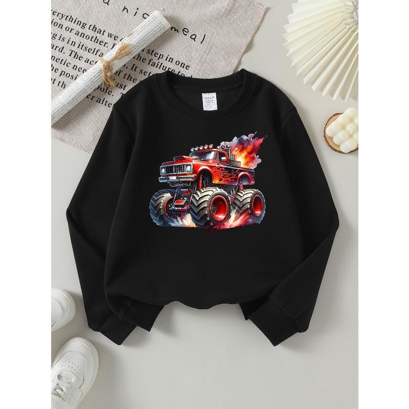 European sizes Red Flame Monster Truck Racing Girls' Crew Neck Sweatshirt, Autumn Winter Western Top, Long Sleeved Casual.