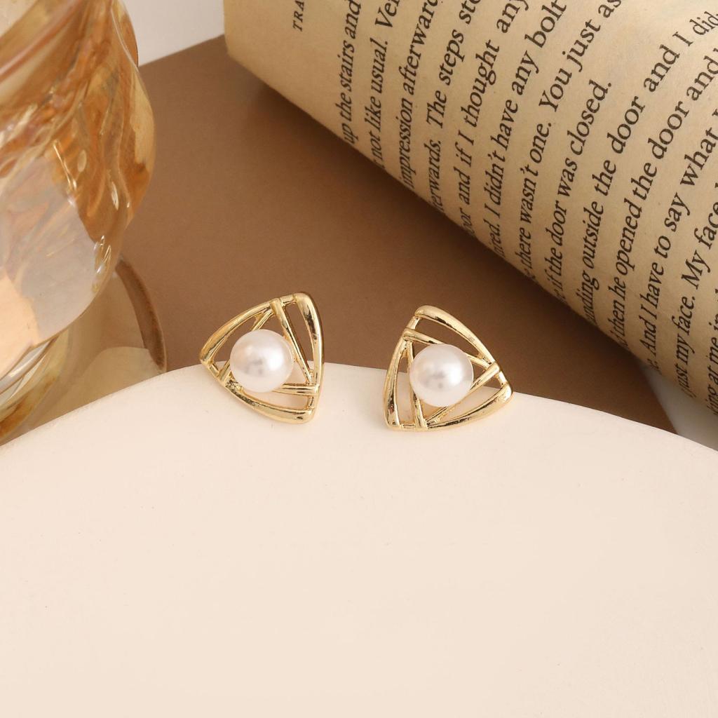 Geometric Triangle Stud Earrings with Pearl Accent and Embedded Crystals Lightweight Vintage Style Fashion Jewelry for Women