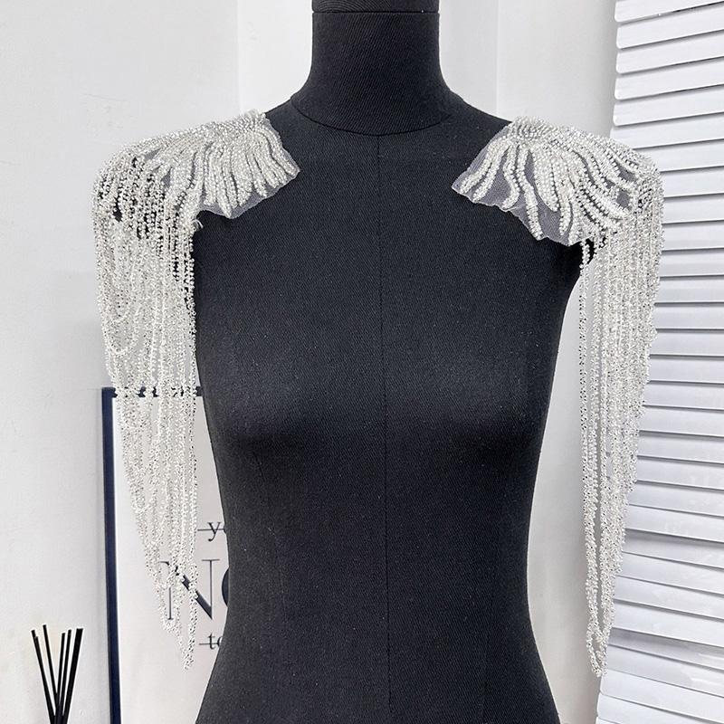 1Pc Tassel Chain Sequin Shoulder Ornaments Wedding Dress Performance Clothing Fashion Shoulder Boards Gold Embroidery Patch