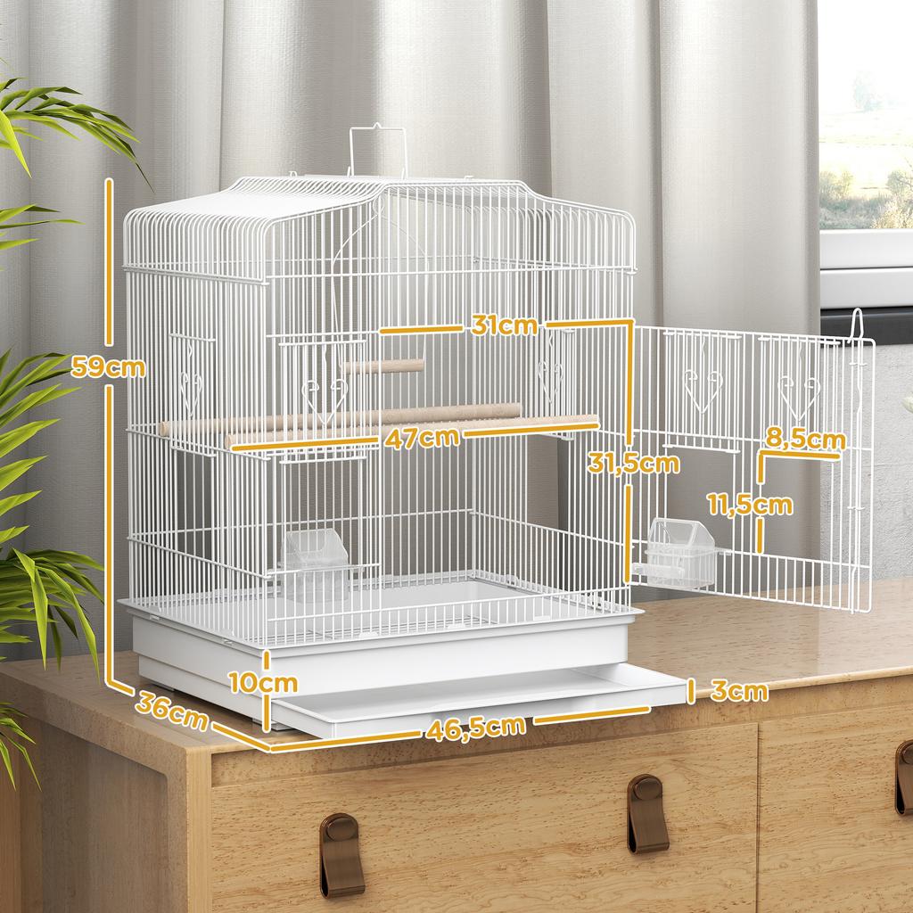 Large Metal Bird Cage with Perches, Food Bowls, Swing, for Budgies, Parakeets, White