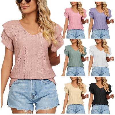 Damen Einfarbig Lässig Ausgehöhlt V-Ausschnitt Raglanärmel Kurzarm Lockeres T-Shirt Oberteil