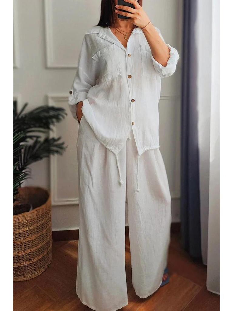 Plus Size Cotton Linen High Waist Shirt Set - Loose Fit, Solid Color, Long Sleeve, Suitable for Spring and Autumn.