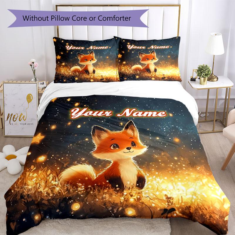3PC Custom Name Fox Starry Field Bedding Set Duvet Cover Closure Includes 1 Duvet Cover & 2 Pillowcases for Bedroom