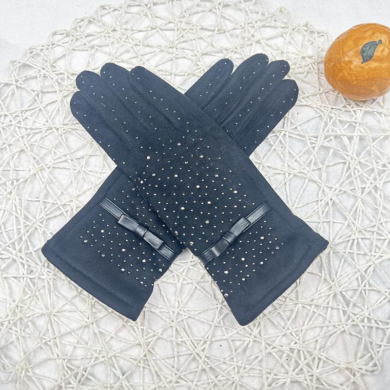 

Теплі замшеві рукавички жіночі з повним діамантовим бантом, внутрішні флісові рукавички, вітрозахисні рукавички для сенсорного екрану чорний