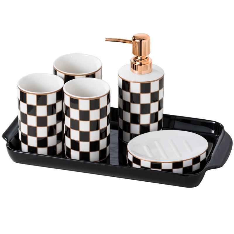 Black and white grid ceramic wash set mouthwash cup light luxury hotel bathroom brush cup soap dispenser dispenser bathroom
