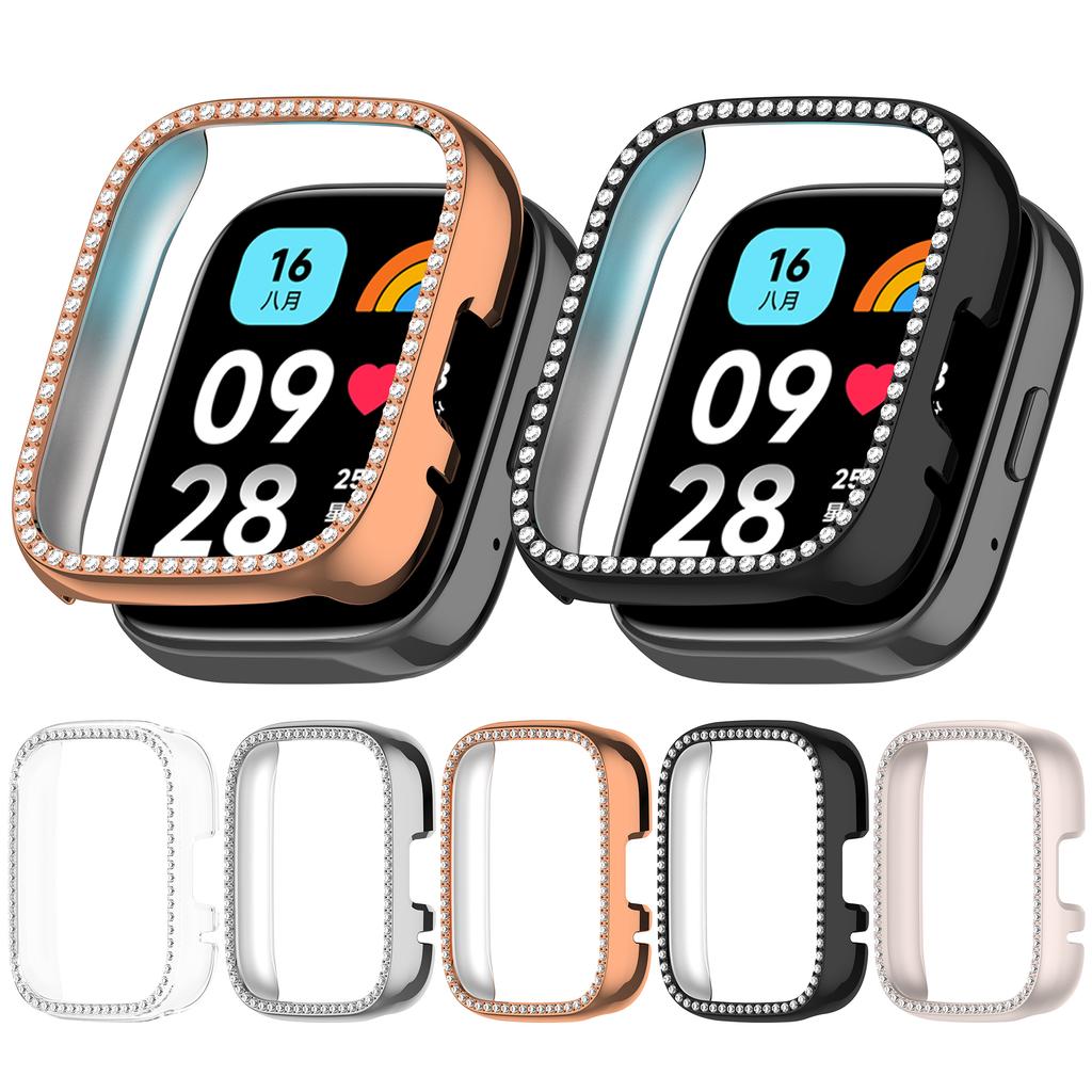 For Xiaomi Redmi Watch 3 Lite/Watch 3 Active Clear Watch Case Rhinestone Decorative Hollow Design PC Watch Cover