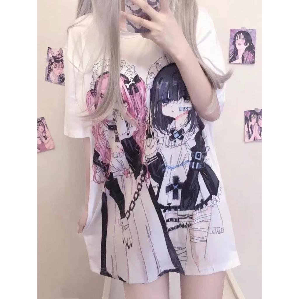 TrendHub Y2k Aesthetic Cute Cartoon Print Round Neck Short-sleeved T-shirt Women Casual Loose Top Japanese Kawaii Tees