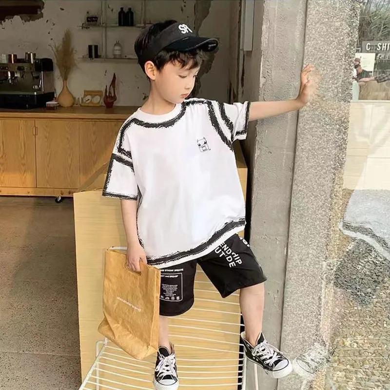 Boys Summer Casual Contrast Alphabet Graffiti T-Shirt Top+Shorts Pant Set School Kids Tracksuit Child 2PCS Outfit