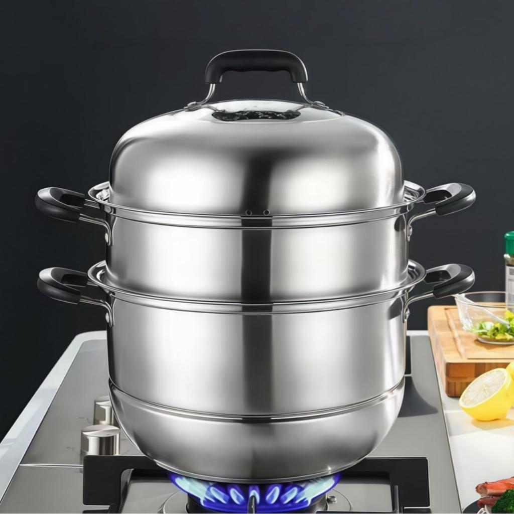 bbslauu Stainless Steel Three-Tier Steamer, Multifunctional, with Glass Lid, Gas and Induction Cooktop Compatible, Steamer with Steaming Cloth (30cm