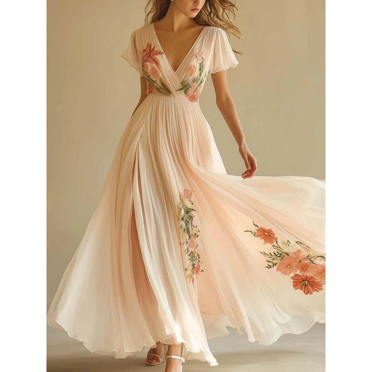 Women s V Neck Short Sleeve Floral Embroidered High Waist Chiffon Maxi Dress Boho Dress S